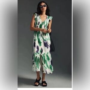 Anthropologie Peregrine Midi Dress Paintbrush Strokes Art Smocked Size L NEW